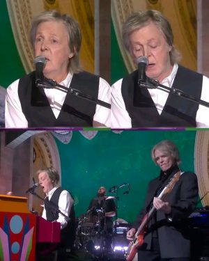 Paul McCartney lit up Studio 8H with a spine-tingling performance of “Golden Slumbers/Carry That Weight/The End” during Saturday Night Live’s 50th anniversary special. Returning to the iconic stage where The Beatles once famously turned down an invite in 1969, McCartney delivered a powerful, emotional tribute to his storied past. With his voice still rich with passion and grit, he opened gently on piano, letting the warmth of “Golden Slumbers” unfold before building to the driving force of “Carry That Weight.” As the medley roared to a close with “The End,” the crowd was swept into a rare, electrifying moment that bridged the past and present—pure McCartney magic….